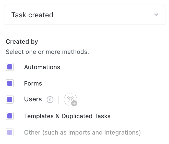 Screenshot of the 'Task created' Trigger options.