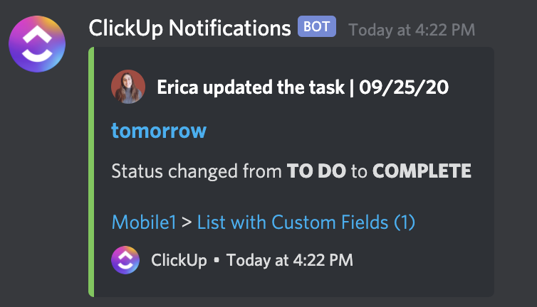 Screenshot of someone using the Discord integration.