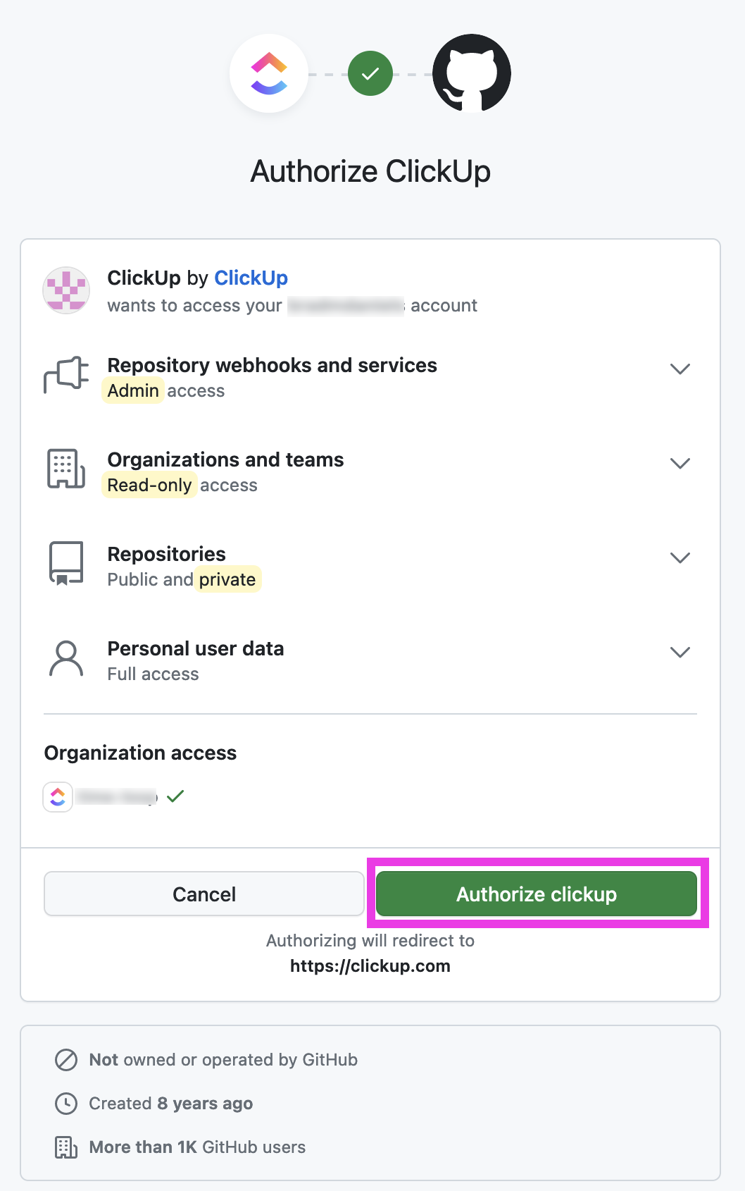 Screenshot of the Authorize clickup button when setting up the integration.